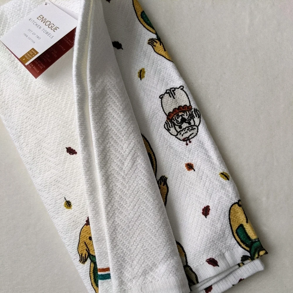 Dog Print Fall Autumn Leaves Theme Kitchen Towel Set Of Two White Multi NWT